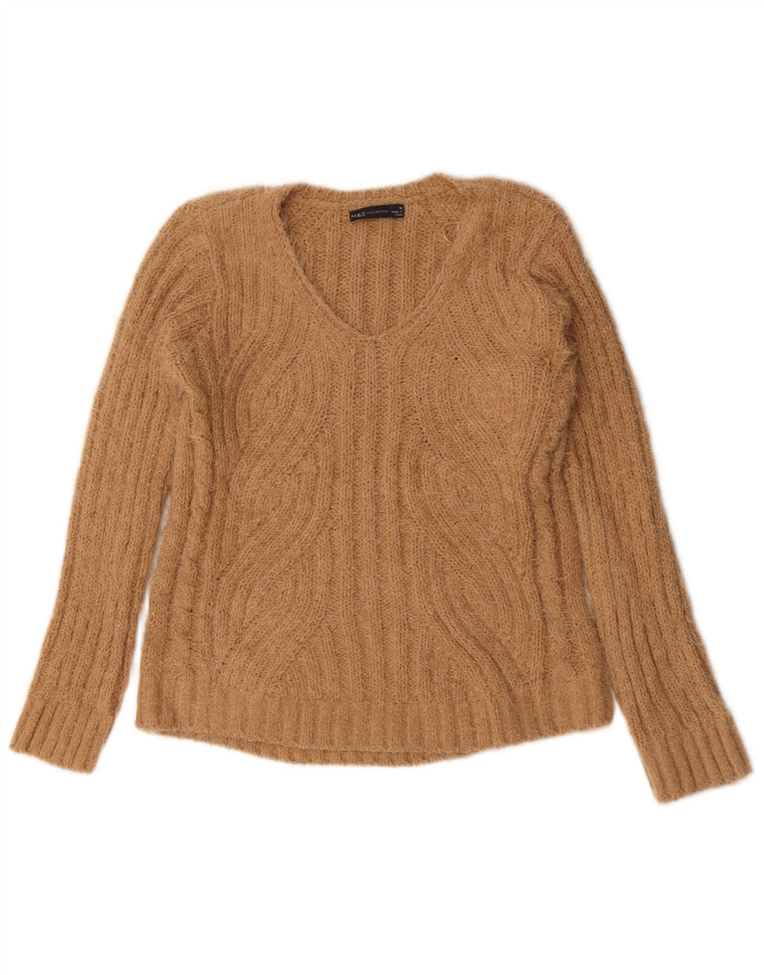 Suéter feminino Marks & Spencer com decote em V Reino Unido 14 poliéster bege médio