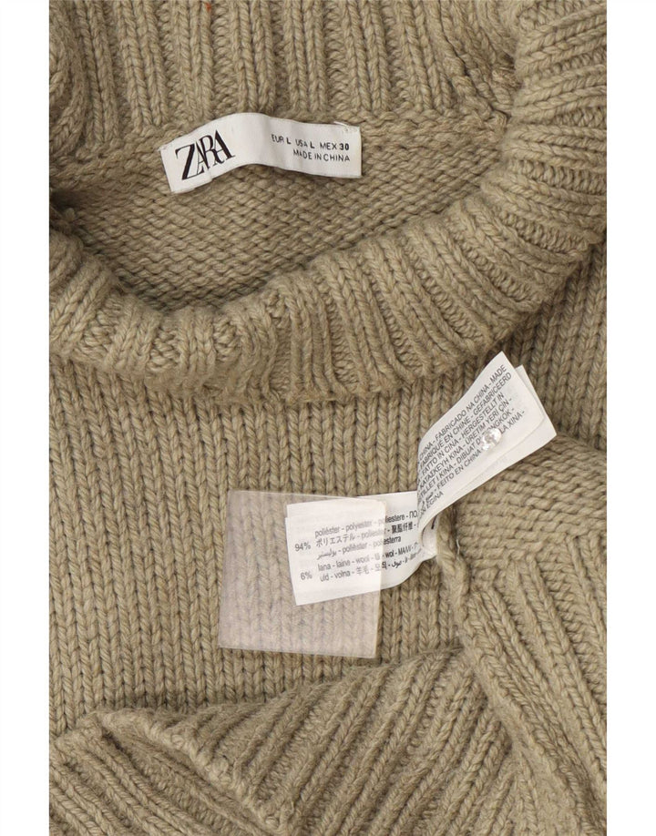 Suéter feminino Zara com gola tartaruga Reino Unido 16 grande poliéster cáqui