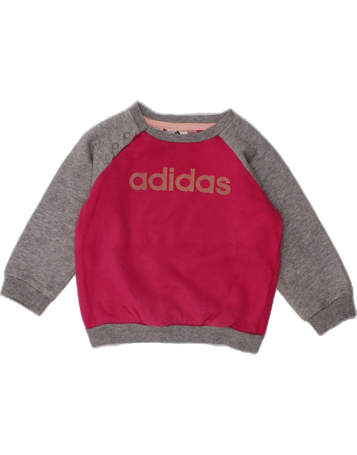 ADIDAS Baby Girls Graphic Sweatshirt Jumper 9-12 Months Pink Colourblock Vintage Adidas and Second-Hand Adidas from Messina Hembry 