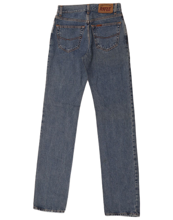 Rifle feminino jeans reto W28 L34 algodão azul