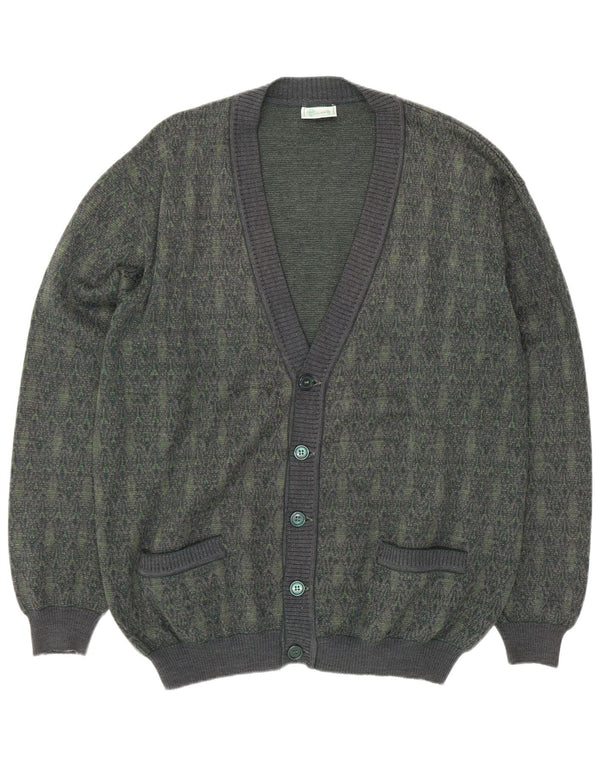 Suéter cardigã masculino vintage grande lã geométrica verde