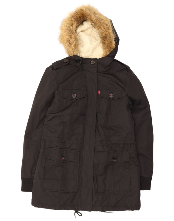 Jaqueta feminina Levi's militar com capuz Sherpa Parka Reino Unido 14 médio algodão preto