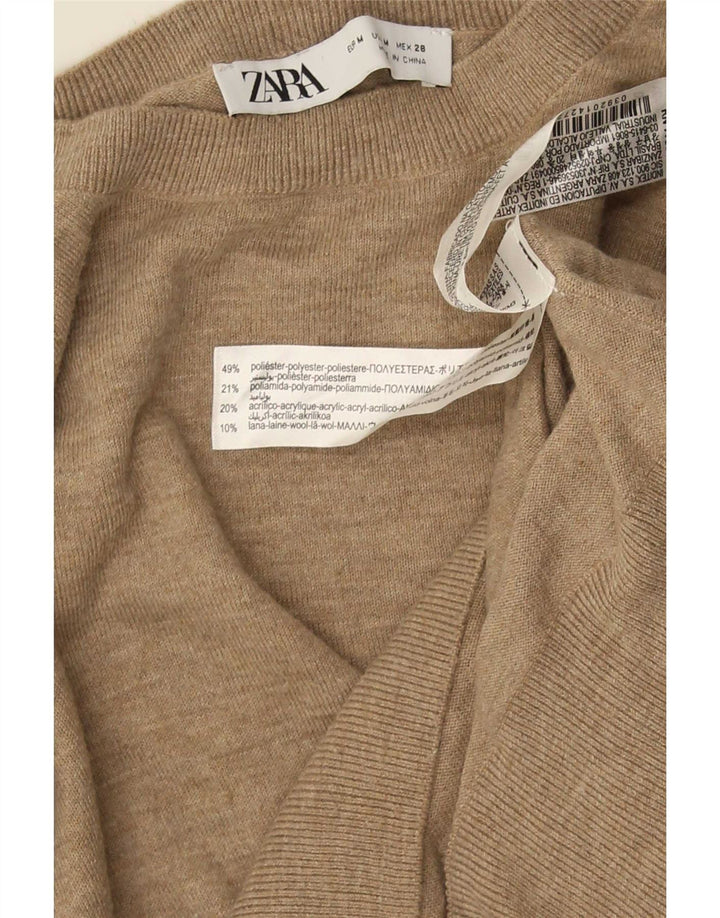 Suéter feminino Zara com gola redonda, Reino Unido 14, médio, bege, poliéster