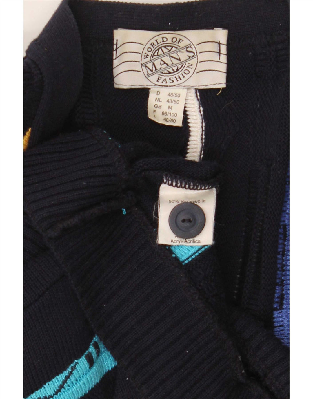 Suéter cardigã masculino vintage de algodão listrado azul marinho médio