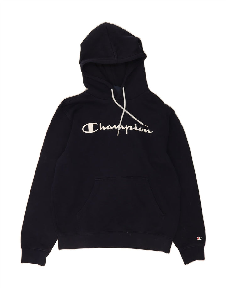 CHAMPION Mens Graphic Hoodie Jumper Large Navy Blue Cotton Vintage Champion and Second-Hand Champion from Messina Hembry 