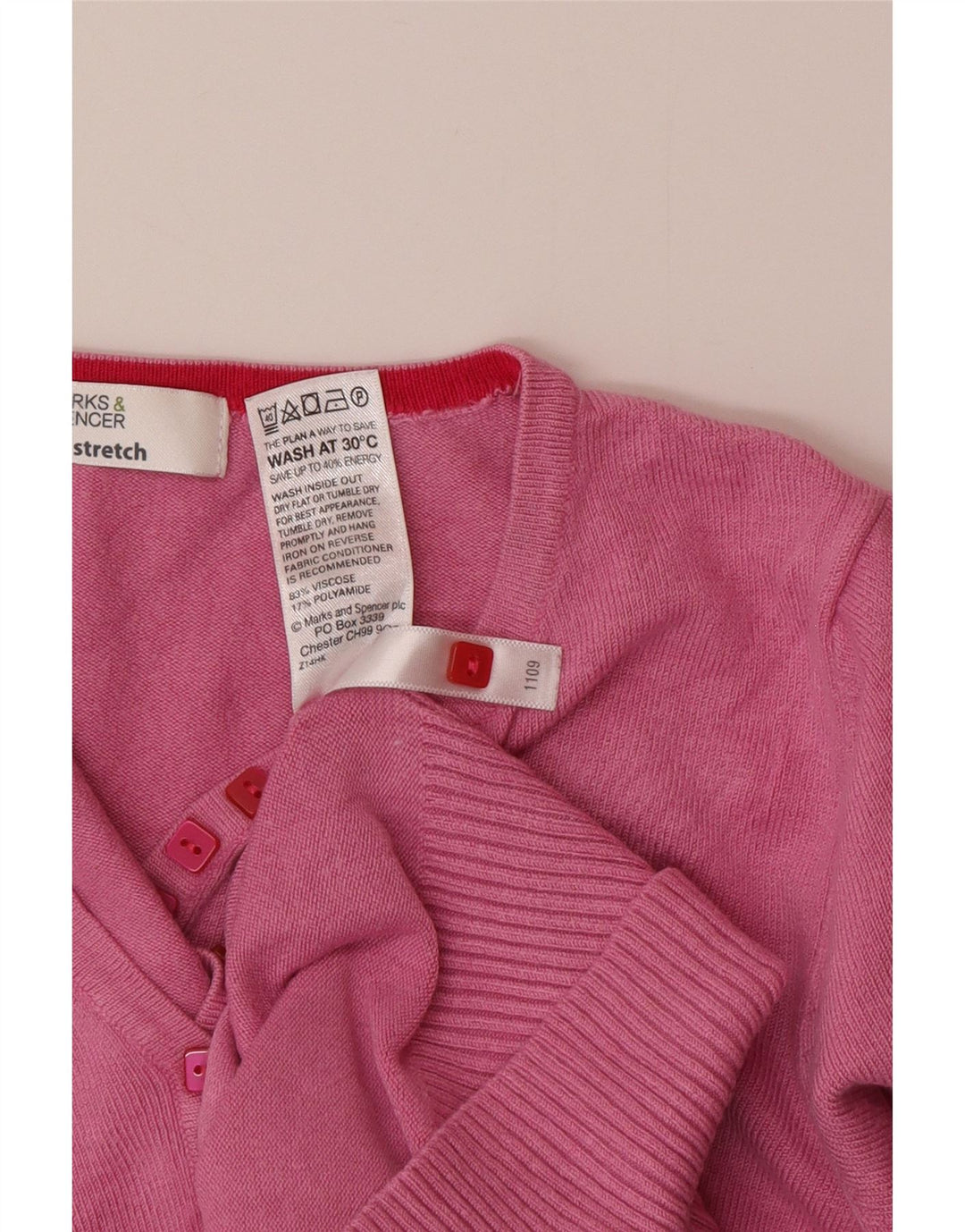Suéter feminino Marks & Spencer com gola redonda e botão, Reino Unido 8, pequeno, rosa, viscose