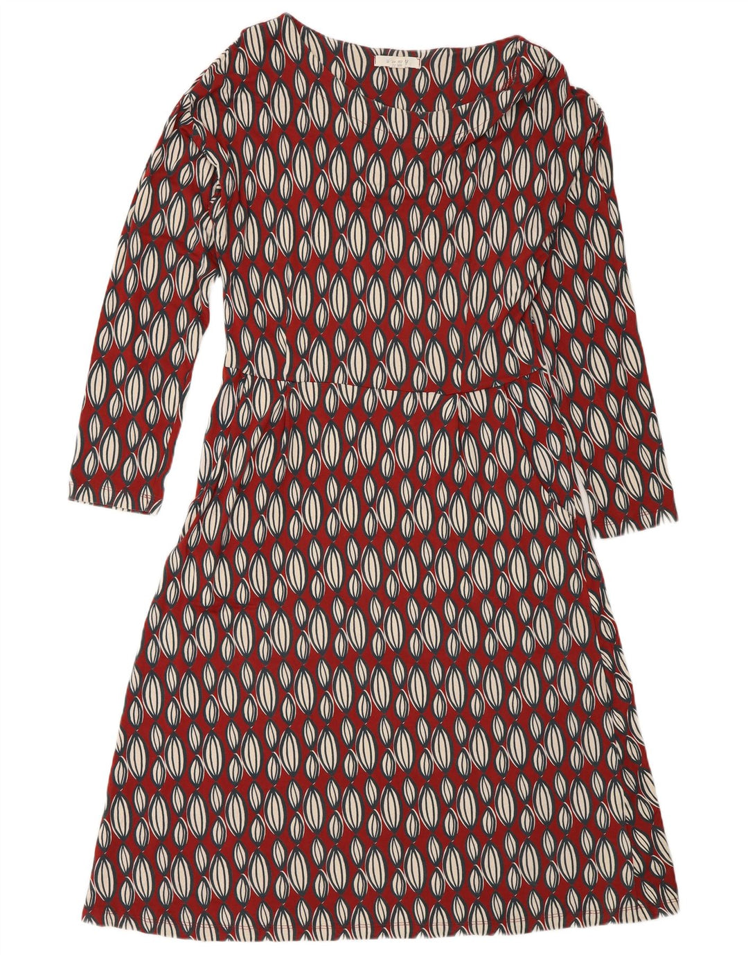 Vestido feminino branco de manga comprida evasê UK 12 médio vermelho geométrico