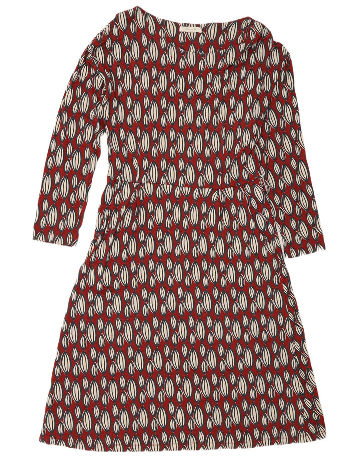 Vestido feminino branco de manga comprida evasê UK 12 médio vermelho geométrico