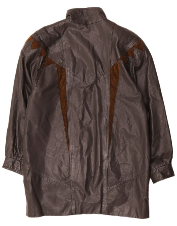 Casaco de couro superdimensionado feminino vintage EU 40 bloco de cores cinza médio