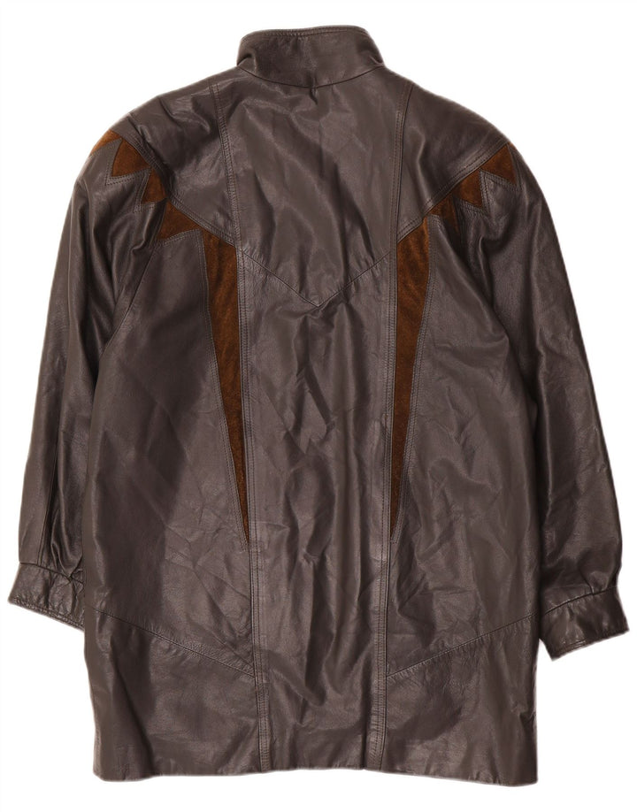 Casaco de couro superdimensionado feminino vintage EU 40 bloco de cores cinza médio