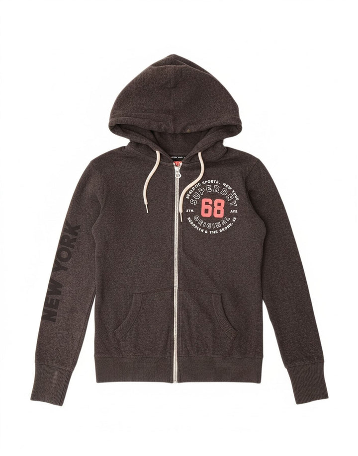 Suéter feminino SUPERDRY com capuz e zíper gráfico UK 6 XS algodão cinza