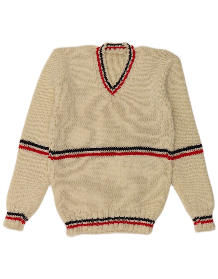 Suéter masculino vintage com decote em V pequeno listrado branco