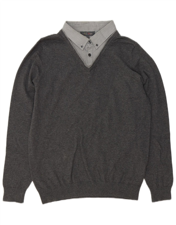 Suéter masculino Marks & Spencer com gola polo e algodão cinza pequeno