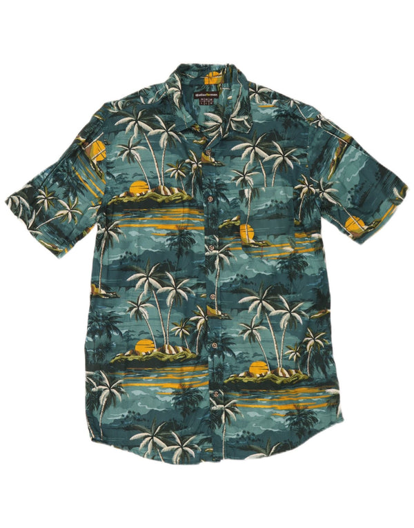Atlas For Men Camisa masculina de manga curta verde médio algodão floral havaiano