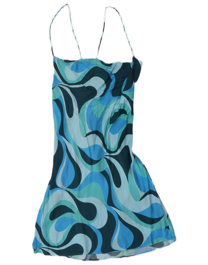 Vestido de verão feminino Zara com padrão abstrato Reino Unido 14 grande azul colorblock viscose