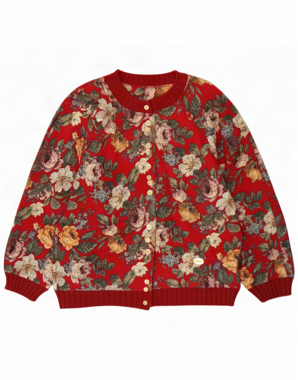 Vintage Womens Oversized Cardigan Sweater IT 48 XL Red Floral Cotton