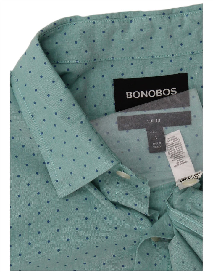 BONOBOS Camisa masculina de manga curta slim fit grande algodão azul com bolinhas