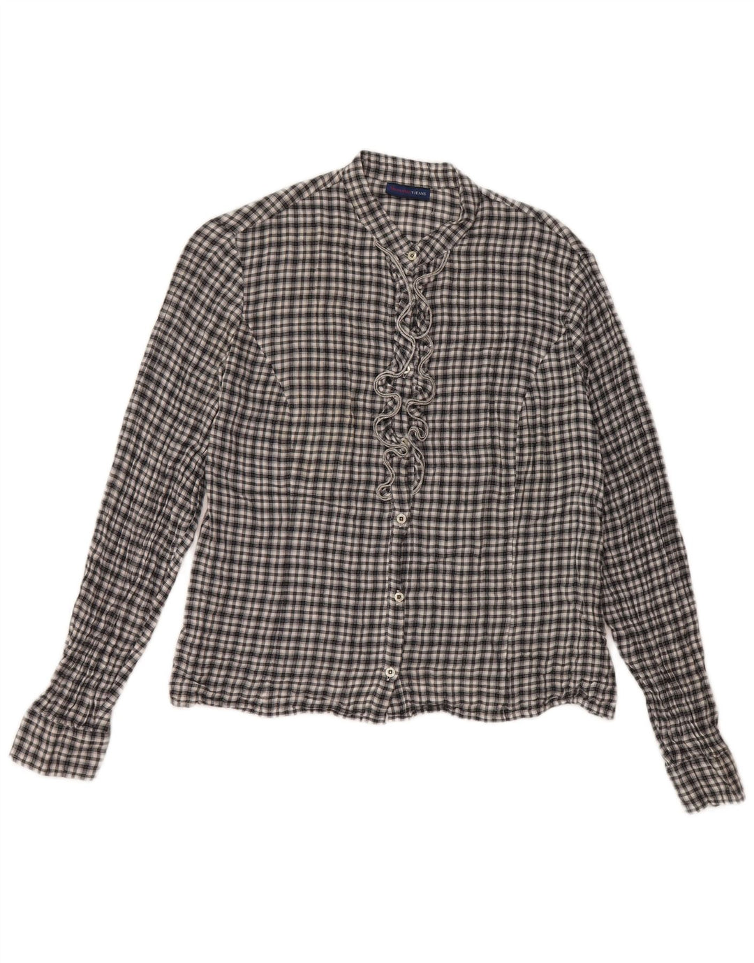 Trussardi Jeans Camisa feminina com babados na frente Reino Unido 14 grande algodão xadrez preto