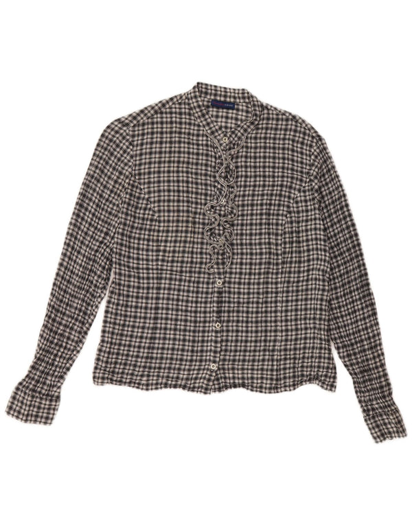 Trussardi Jeans Camisa feminina com babados na frente Reino Unido 14 grande algodão xadrez preto