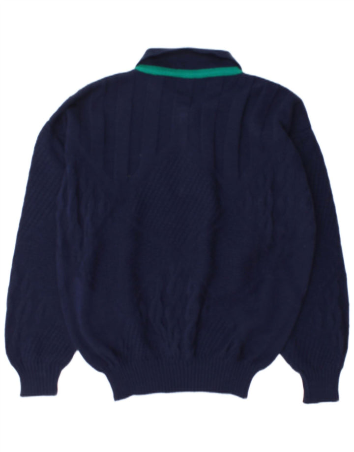 Suéter vintage masculino com gola polo, grande lã azul marinho