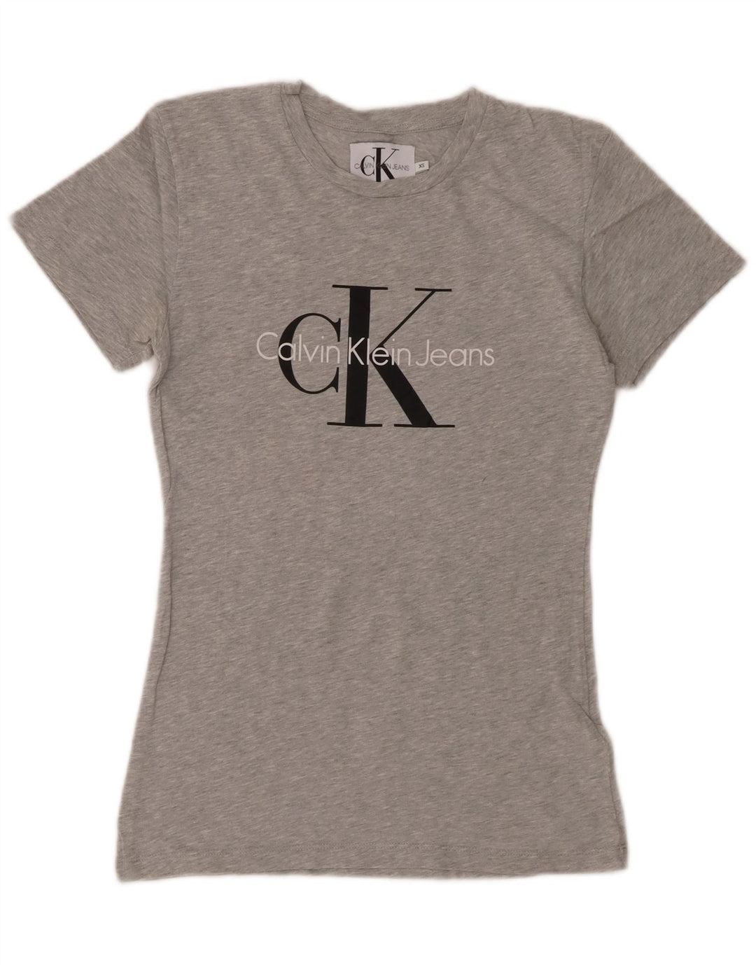 Camiseta feminina CALVIN KLEIN JEANS com estampa gráfica UK 6 XS algodão manchado cinza
