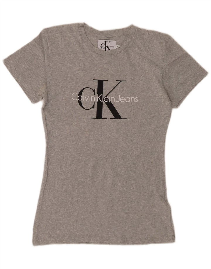 Camiseta feminina CALVIN KLEIN JEANS com estampa gráfica UK 6 XS algodão manchado cinza