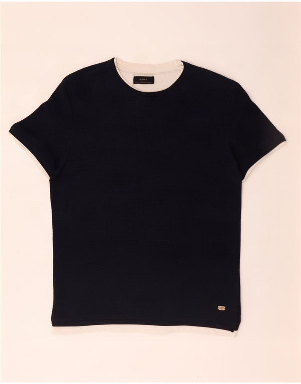 Camiseta masculina Zara Top pequeno algodão colorblock azul marinho