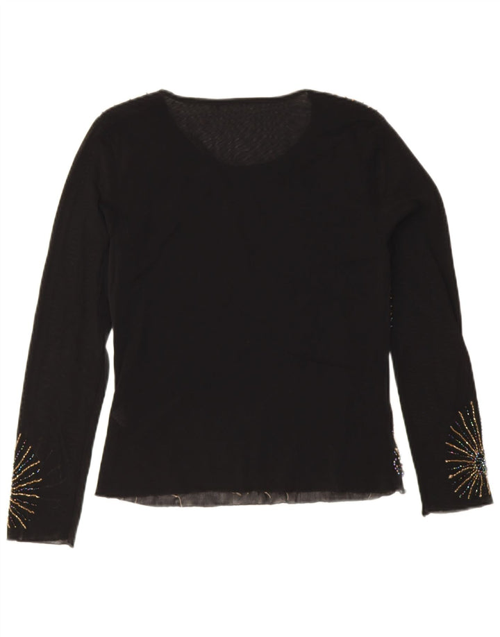 Top feminino vintage de manga comprida Reino Unido 10 viscose floral preta pequena