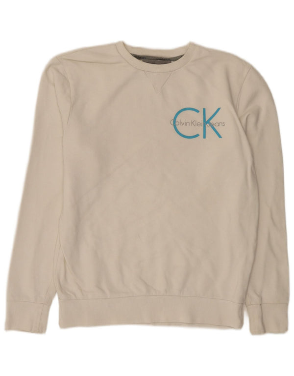 Calvin Klein Jeans Masculino moletom gráfico jumper pequeno algodão branco