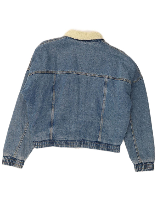 Jaqueta jeans feminina Karl Kani com estampa oversized em sherpa Reino Unido 6 XS azul algodão