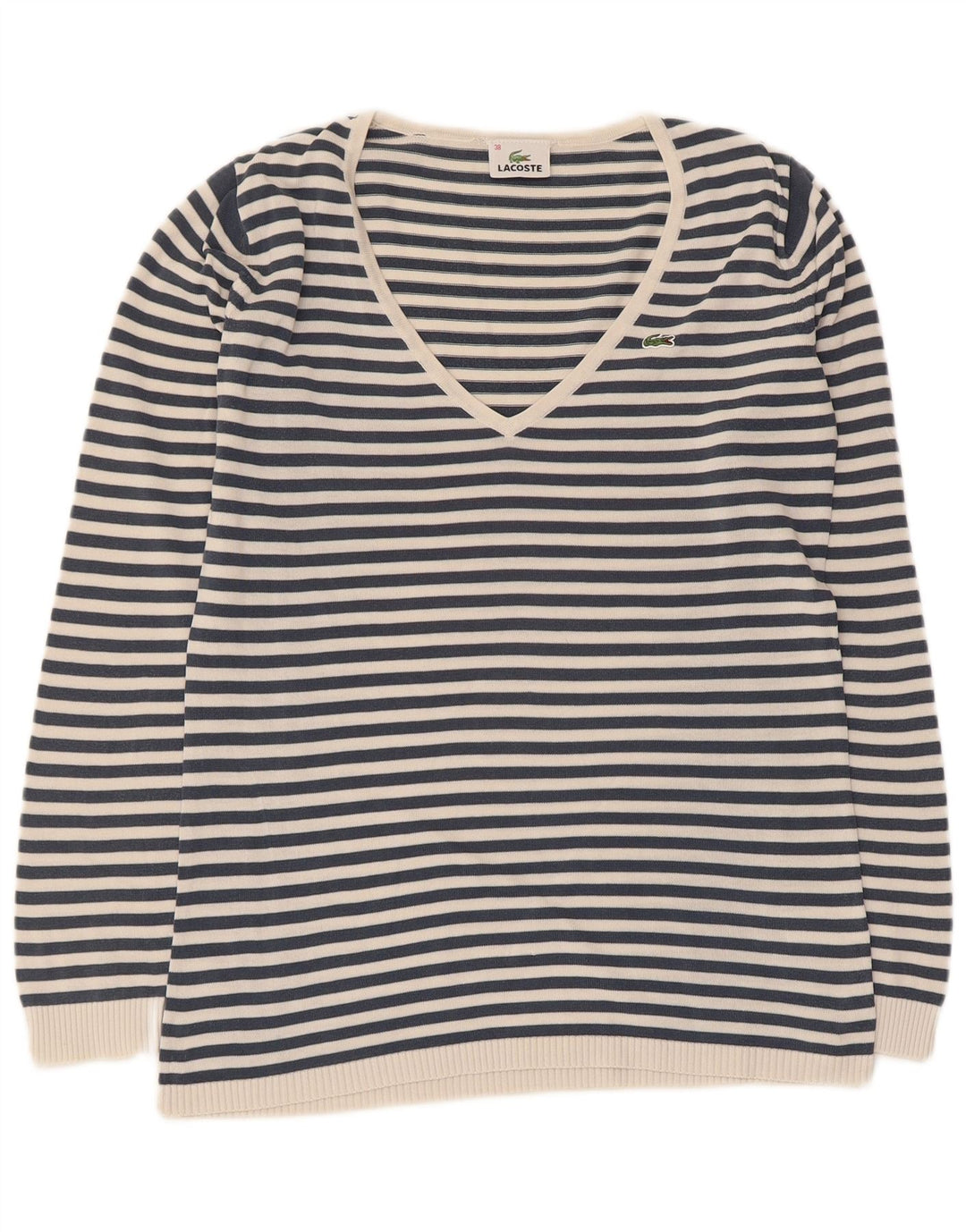 Suéter feminino Lacoste com decote em V tamanho 38 médio azul marinho listrado