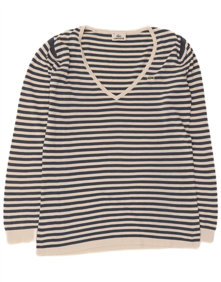 Suéter feminino Lacoste com decote em V tamanho 38 médio azul marinho listrado