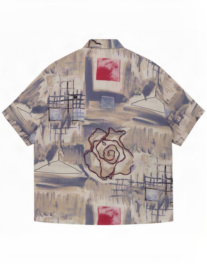 Camisa masculina vintage de manga curta com padrão abstrato azul médio
