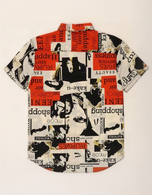 Camisa masculina vintage de manga curta com retalhos multicoloridos grandes