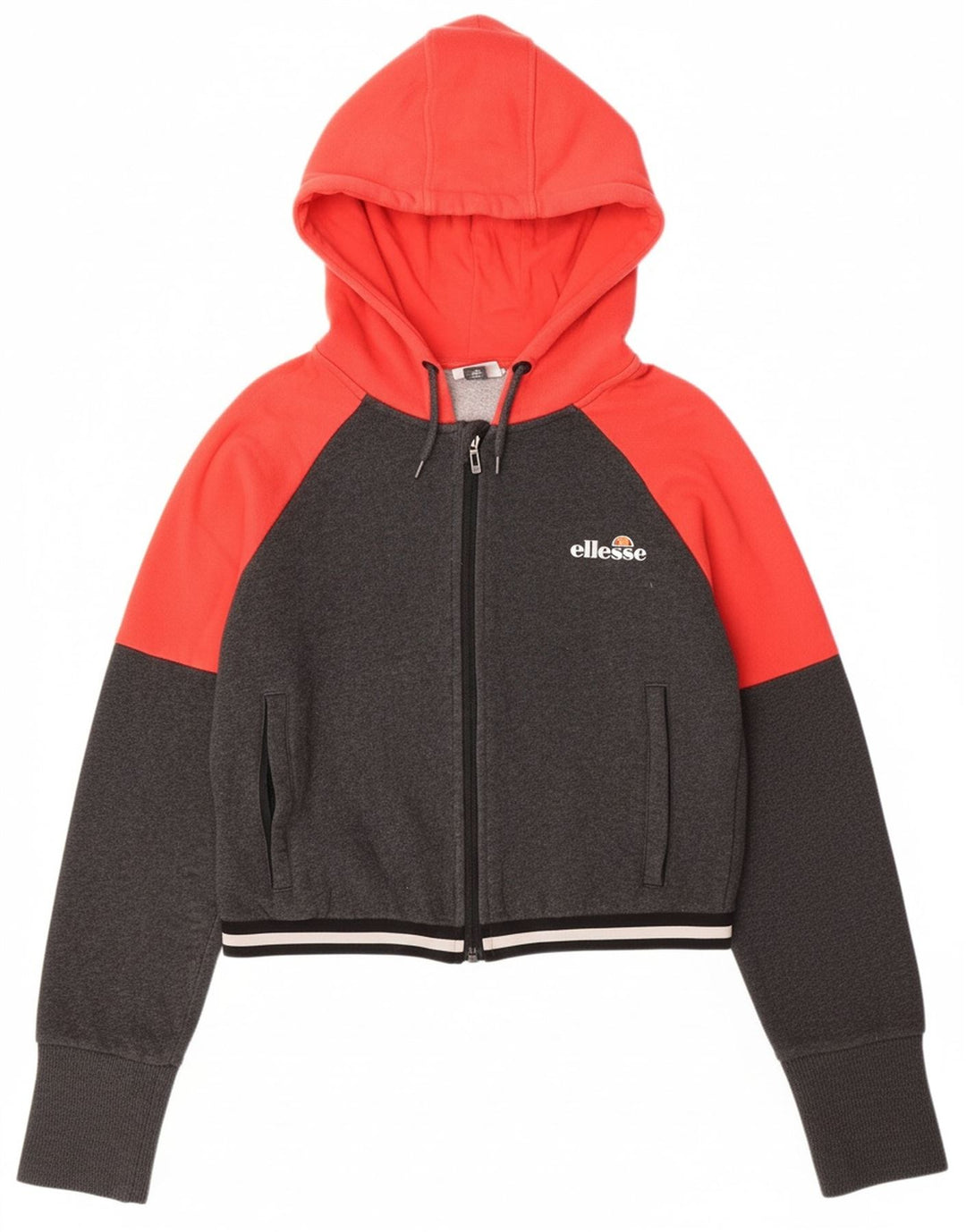 Suéter feminino ELLESSE com capuz e zíper oversized UK 6 XS cinza bloco de cores