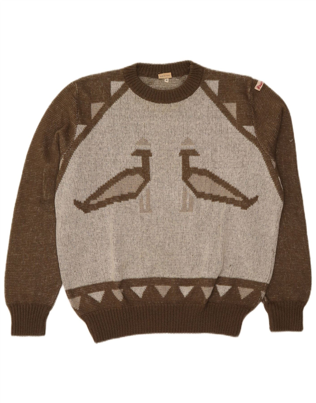 BRUNIK Mens Crew Neck Jumper Sweater Large Brown Geometric Acrylic