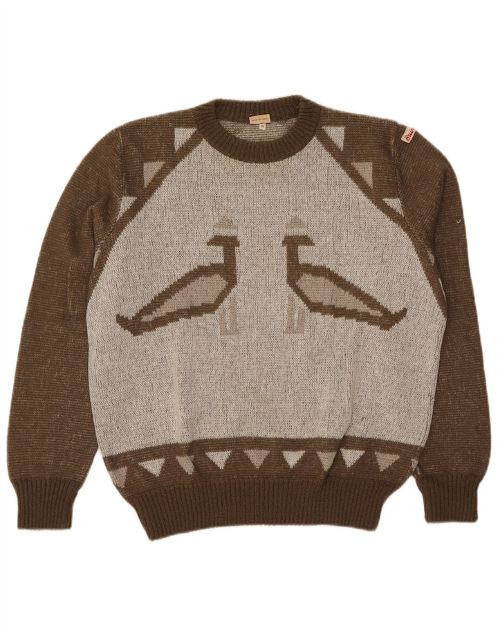 BRUNIK Mens Crew Neck Jumper Sweater Large Brown Geometric Acrylic