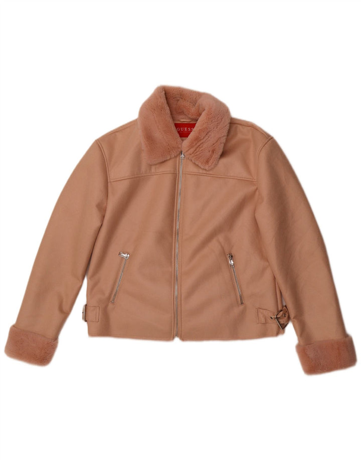 Jaqueta feminina Sherpa de couro sintético Guess UK 12 poliéster rosa médio
