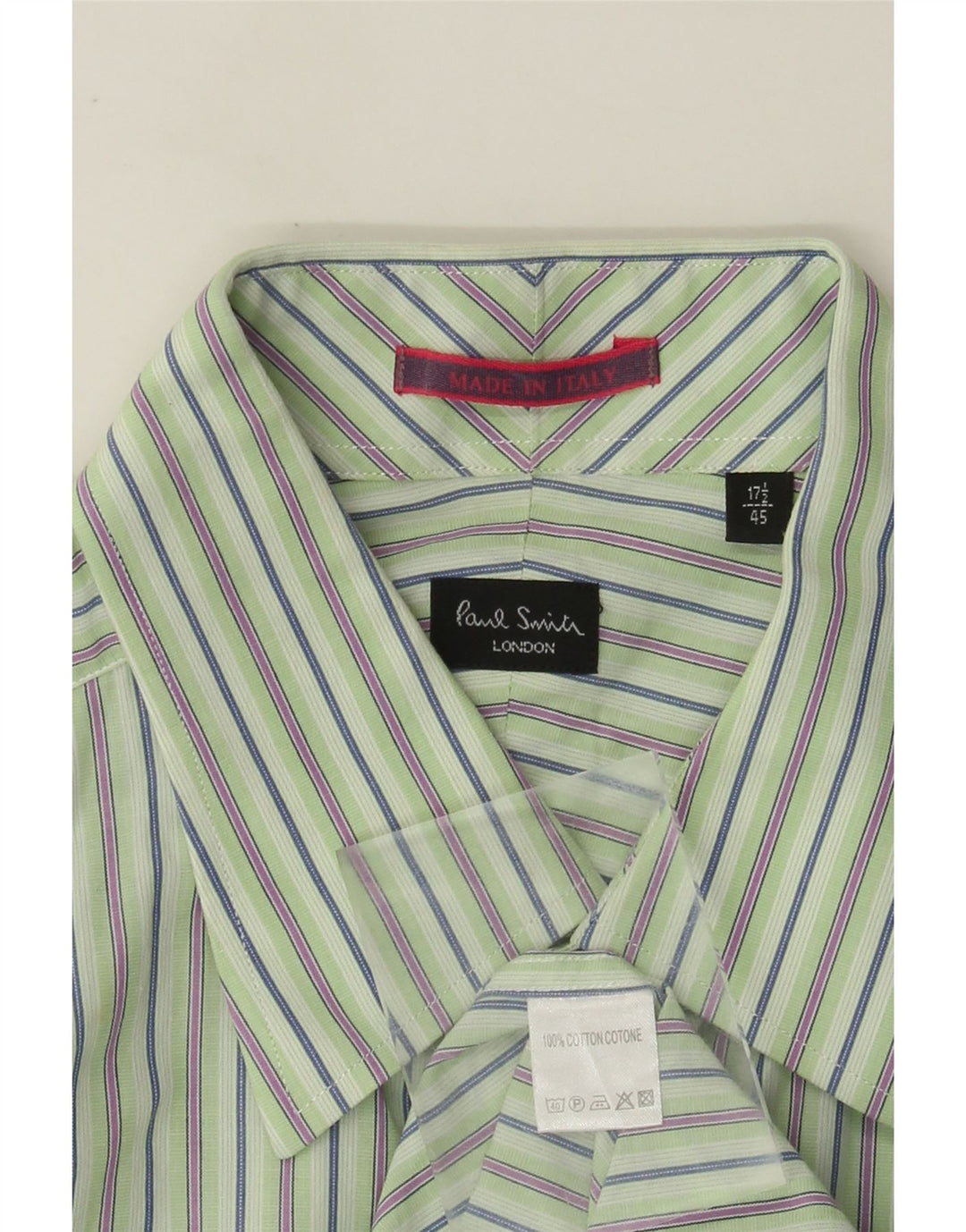 Camisa formal masculina Paul Smith tamanho 45 17 1/2 XL algodão listrado verde
