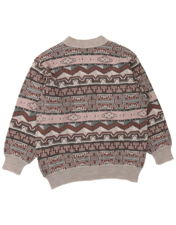 Suéter masculino VINTAGE com decote em V cinza médio geométrico