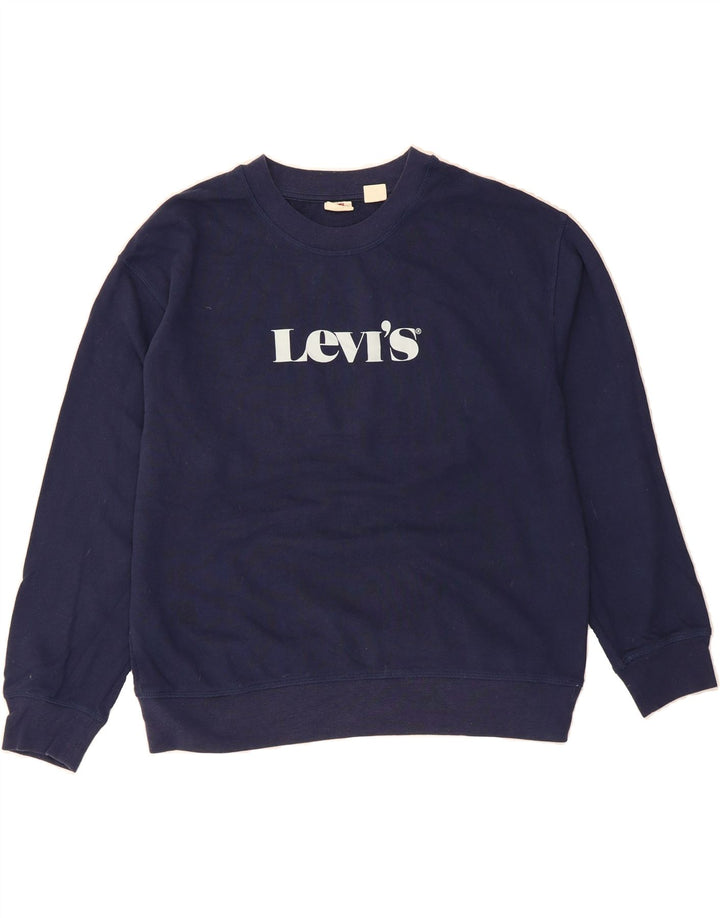 LEVI'S Womens Graphic Sweatshirt Jumper UK 16 Large Navy Blue Cotton Vintage Levi's and Second-Hand Levi's from Messina Hembry 