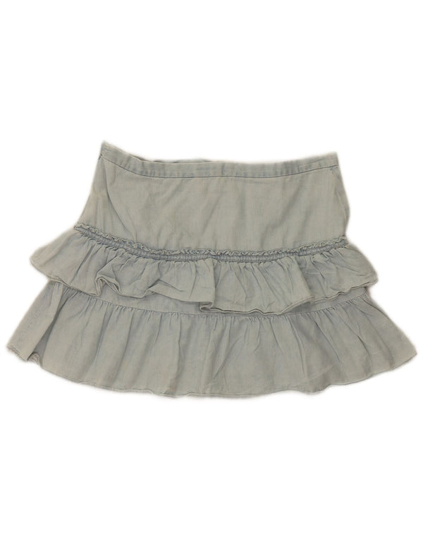 Mini saia jeans feminina French Connection com babados Reino Unido 12 médio W32 azul