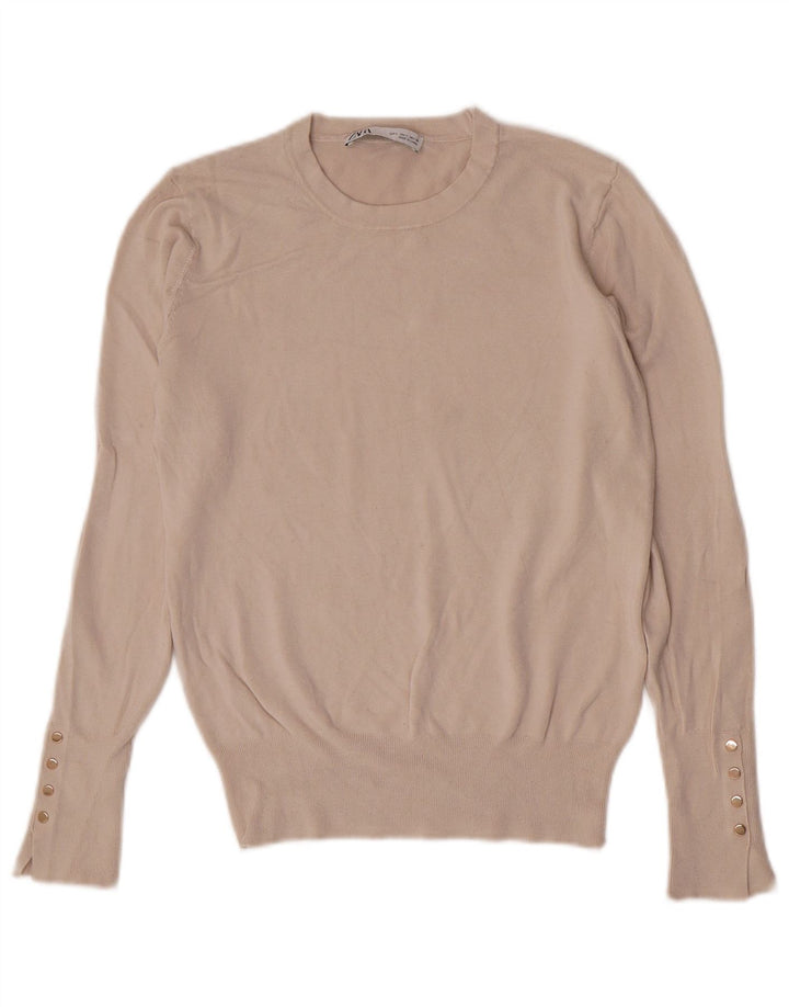 Zara Suéter feminino com gola redonda, Reino Unido 14, grande, bege