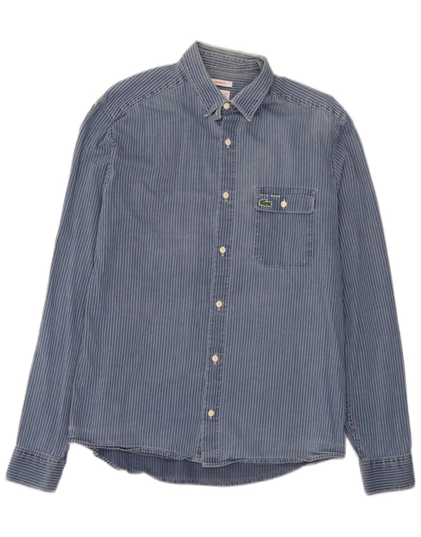 Camisa masculina Lacoste Skinny Fit tamanho 40 algodão listrado azul médio