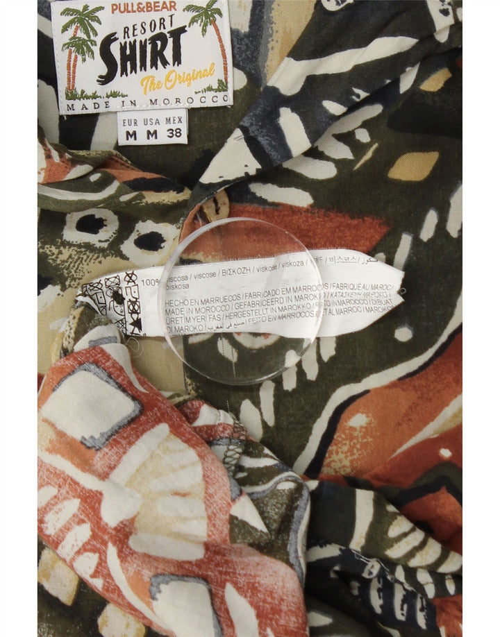 Camisa masculina de manga curta com padrão abstrato PULL & BEAR marrom médio havaiano