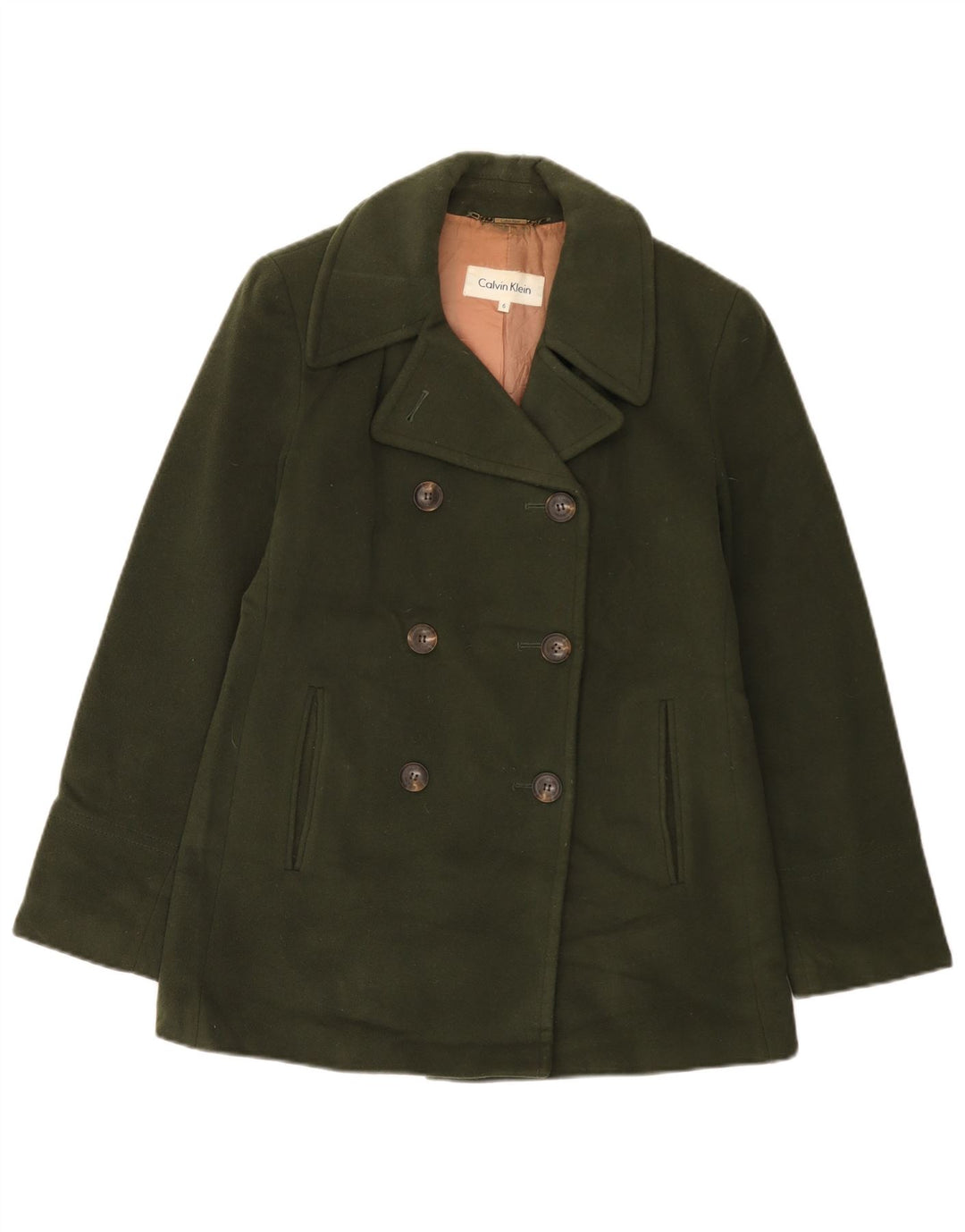 CALVIN KLEIN Casaco feminino ervilha US 6 lã cáqui média