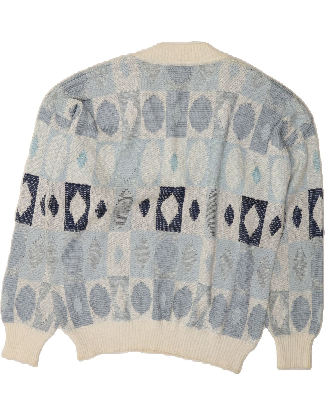 VINTAGE Womens V-Neck Jumper Sweater IT 46 Large Blue Geometric Cotton Vintage Vintage and Second-Hand Vintage from Messina Hembry 