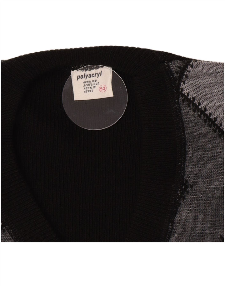 Suéter masculino vintage com decote em V IT 52 grande preto Chevron poliacrílico