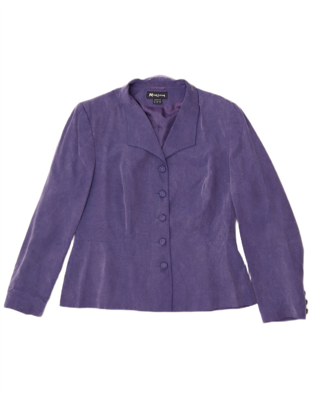 Jaqueta blazer feminina Monsoon com 5 botões Reino Unido 16 grande roxo Cupro