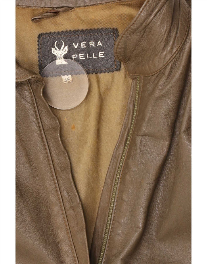 Jaqueta de couro feminina vintage IT 46 grande couro cáqui
